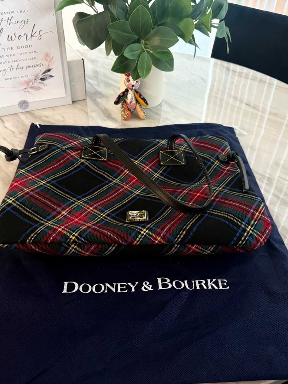Dooney & Bourke Victoria Black and Red Tartan Plaid Tote Bag with Gold Plaque